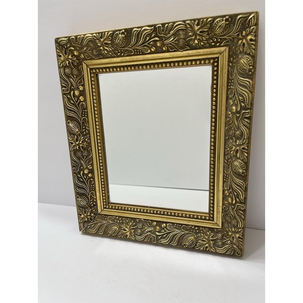 Vintage Wooden Framed Mirror Floral GoldTone Square 14x12"